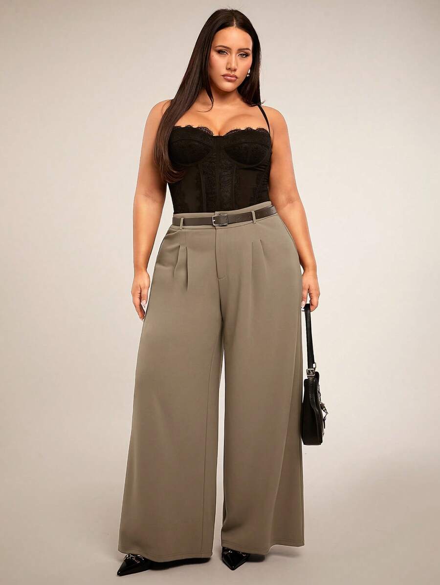 SHEIN BAE Pantalon long simple de style quotidien pour femmes grandes tailles, couleur kaki avec décoration de ceinture, jambe large, convient pour le casual, les rendez-vous, les vacances, le bureau, le travail, le printemps/été - Kaki - Voir 1