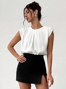 Firerie Blusa elegante con volantes en el cuello y mangas de murciélago con volantes en unicolor, versión clásica de blusa regular con volantes de murciélago para damas, nueva colección primavera/verano