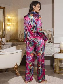 LuxeNights Dampyjamaset med tropiskt växttryck, knappar framtill, långärmad topp och byxor, höst- och vinterkläder - Multifärgad - Visa 2