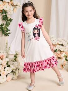 SHEIN 女孩中东风格 Abaya Kaftan Jalabiya 开斋节穆斋月印花 A 字形拼布荷叶边下摆休闲连衣裙，配有斜挎包 - 彩色 - 查看 1