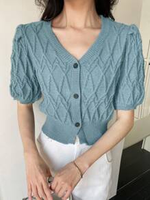 DAZY Women Casual Solid Color Puff Sleeve Button Front Knitted Top
