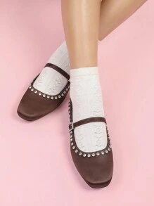 CUCCOO DOLLMOD 女士可爱闪亮仿珍珠装饰带扣平底芭蕾鞋，带水钻，方头，浪漫一脚蹬平底鞋，适合舞蹈、约会、茶会、休闲装，棕色情人节 - 棕色 - 查看 3