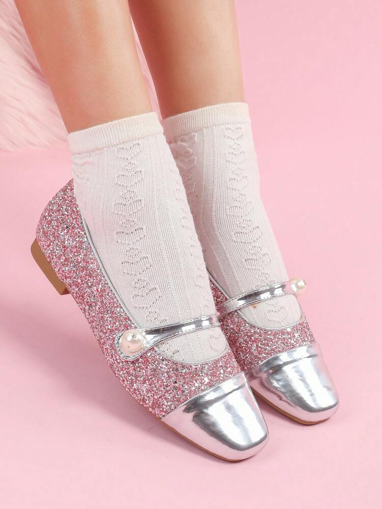CUCCOO DOLLMOD Women's Faux Pearl Button Sparkling Colorblock Square Toe Flat Sweet Cute Shiny Unique Pink Glitter Patchwork Silver PU Leather Mary Jane Ballet Flats, Suitable For School, Dance, Party Valentine's Day