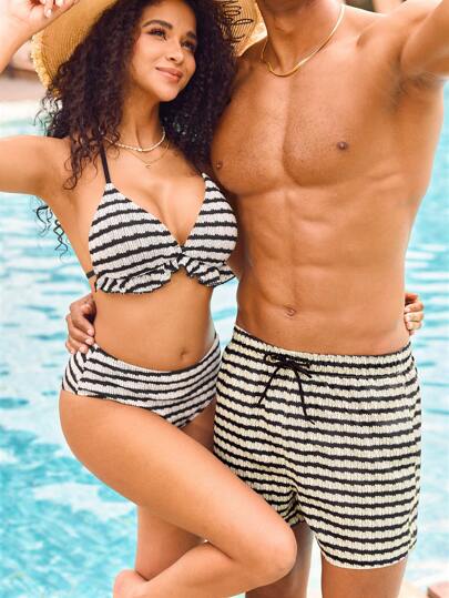 Manfinity VDAYZ Pantalones cortos de playa informales para hombres con cintura ajustable con cordón y rayas