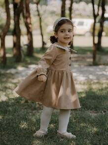 SHEIN Vestido de corduroy color caqui con estampado floral de estilo rural para niña, para otoño/invierno - Caqui - Ver 7