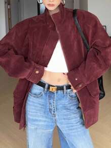 DAZY Veste décontractée rétro ample et fine pour femme, veste  pour l'automne - Rouge foncé - Voir 1