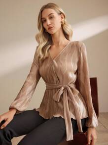 SHEIN Clasi Blusa informal de mujer de unicolor con cuello en V y manga larga