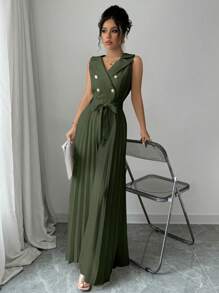 Mono elegante de mujer de diseño cruzado con pliegues en color albaricoque, para primavera/otoño - Verde - Ver 6