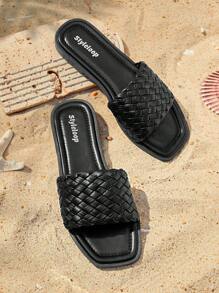 Styleloop Woven Flat Sandals For Women, Summer Outdoor Casual Beach Thong Slippers - Black - View 3