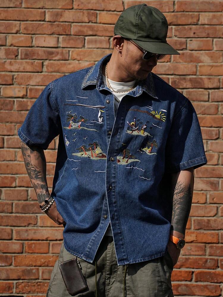 Men's Summer Pattern Front Button Casual Denim Shirt, Minimalist Style