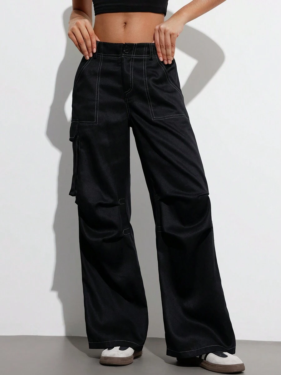 Aveloria Affinna Black High Waist Utility Cargo Pants With Single Pocket, White Contrast Stitching, Y2K Retro Front Cut Design, Cool Girl Style Fall Cloth For Women