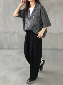 FRIFUL 女士灰色宽松全印花休闲衬衫，夏季上衣 - 灰色 - 查看 2