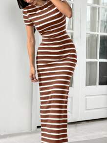 SHEIN EZwear Váy ôm cổ tròn tay ngắn sọc nâu, Xuân/Hè - Cà phê nâu - Xem 3