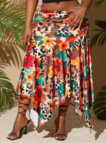 SHEIN SXY 大码女装 2025 春夏新款节日褶皱高开衩不对称下摆性感豹纹花卉印花 A 字裙，适合海滩度假、约会之夜、生日、单身派对、可爱、休闲、购物、街头服饰、外出，易于搭配且看起来苗条，凸显您的身材，修饰身材 - 彩色 - 查看 4