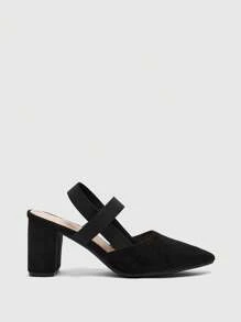 CUCCOO BIZCHIC 女士时尚黑色绒面弹性组合尖头粗高跟鞋，适合通勤、约会、派对、婚礼、度假