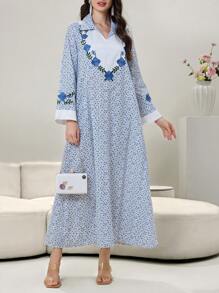Al Najma Gaun Maxi Lengan Panjang Motif Bunga Patchwork Gaya Arab, Sopan - Biru - View 5