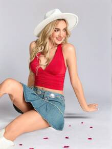 SHEIN LUNE 西部风情女士情人节情人节红色褶皱腰挂脖背心 - 紅色 - 查看 3