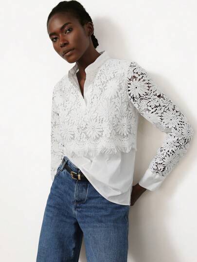 SHEIN Privé French Romantic Contrast Lace Collared Long Sleeve Blouse For Women Fall Cloth For Women