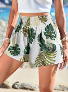 SHEIN VCAY 女士度假海滩植物印花短裤 - 薄荷綠 - 查看 5