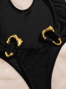 SHEIN 女士性感紧身不对称金属装饰细肩带连体泳衣，露背高开叉设计，适合海滩、夏季度假、派对和郊游 - 黑色 - 查看 8