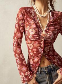 Bohemela Áo kiểu nữ cổ chữ V tay loe dệt kim ren phong cách Boho cổ điển, thích hợp cho kỳ nghỉ, kiểu dáng đơn giản, thời trang thường ngày. - màu nâu - Xem 3