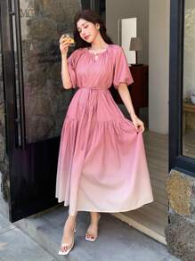 DAZY 渐变色褶皱腰带女式中长连衣裙，休闲女式连衣裙 - 粉色 - 查看 7