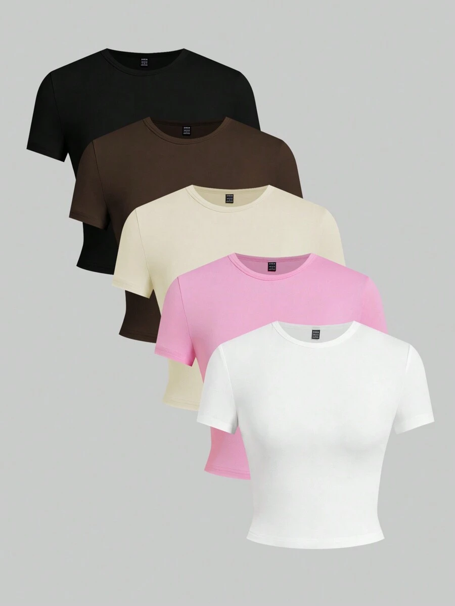 SHEIN EZwear 5 件装基本款纯色修身背心和 T 恤 - 彩色 - 查看 1