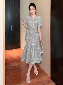 DAZY 格子圆领鱼尾中长连衣裙 舞会礼服 优雅、荷叶边、返校服 - 黑色 - 查看 5