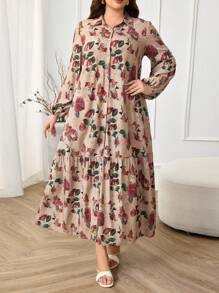 Al Najma Plus Size Elegant Commuter Floral All-Over Print Button Front Shirt Dress - Multicolor - View 2