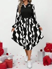 SHEIN LUNE Valentine's Day Printed Color Block Black & White Button Down Midi Dress For Women - Black and White - View 1