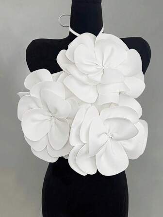 Xyvia Top sin mangas ajustado de mujer con detalles florales de color blanco sólido, cuello halter cruzado y diseño acanalado, perfecto para el Día de San Valentín