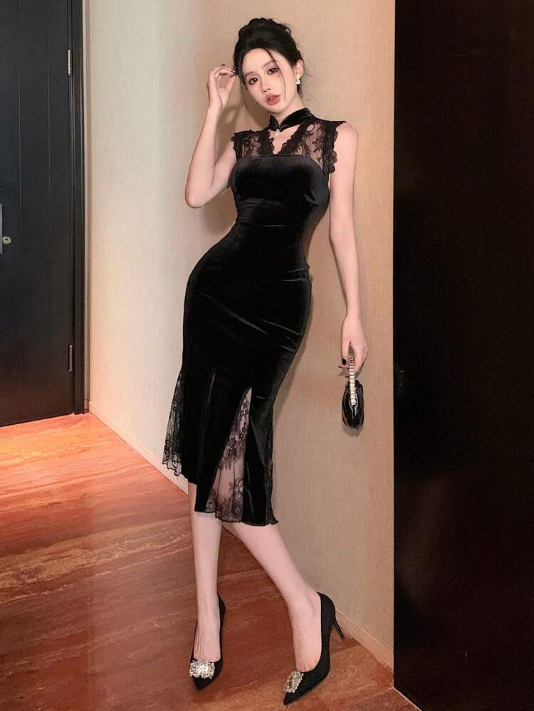 Women's Mid-Long Lace Patchwork Stand Collar Sleeveless Fish Tail Dress Prom Dress Elegant Sundress,Formal Women Dresses New Year Eve Dress Valentine's Day