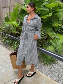 DAZY Váy sơ mi kẻ sọc rộng, dài vừa phải cho nữ, Váy thường ngày cho nữ, Váy mùa thu - Màu xanh lam - Xem 4