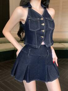 DAZY 水洗针迹点缀背心和褶皱迷你裙女士牛仔套装 - 深色水洗藍 - 查看 4