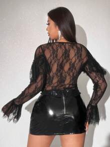 Viva Relle Plus Size Women Lace Ruffled Plus Size Sleeve Sexy Blouse