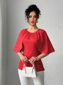 Chiquease Women's Loose Fit Round Neck Fashionable Red Poncho Blouse