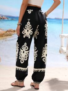 Breezaya 女士优雅休闲假日复古印花口袋腰带长裤 - 彩色 - 查看 2