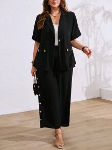 SHEIN LUNE Conjunto informal y cómodo de 2 piezas con decoración de botones para tallas grandes - Negro - Ver 5
