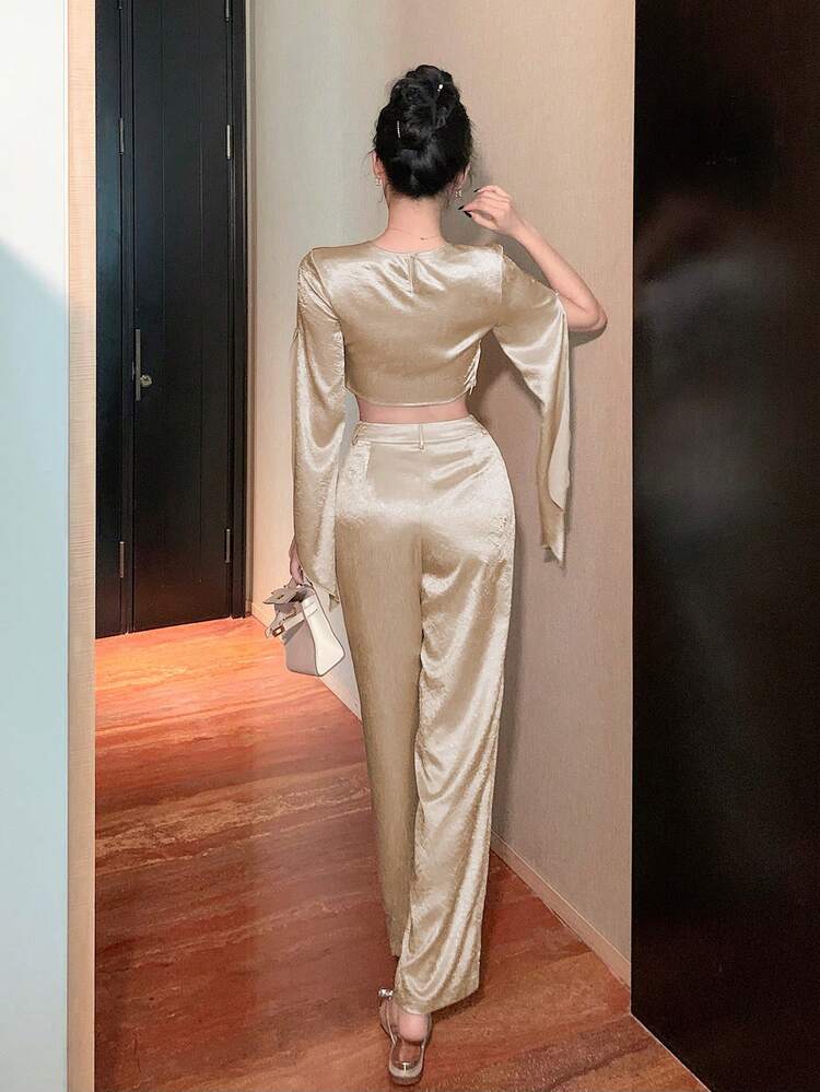 Solid Color Crew Neck Open Slit Sleeve Short Blouse And Wide Leg Pants Set For Women, Women Two Pieces Sets,Fall Women Clothes