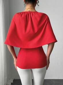 Chiquease Women's Loose Fit Round Neck Fashionable Red Poncho Blouse