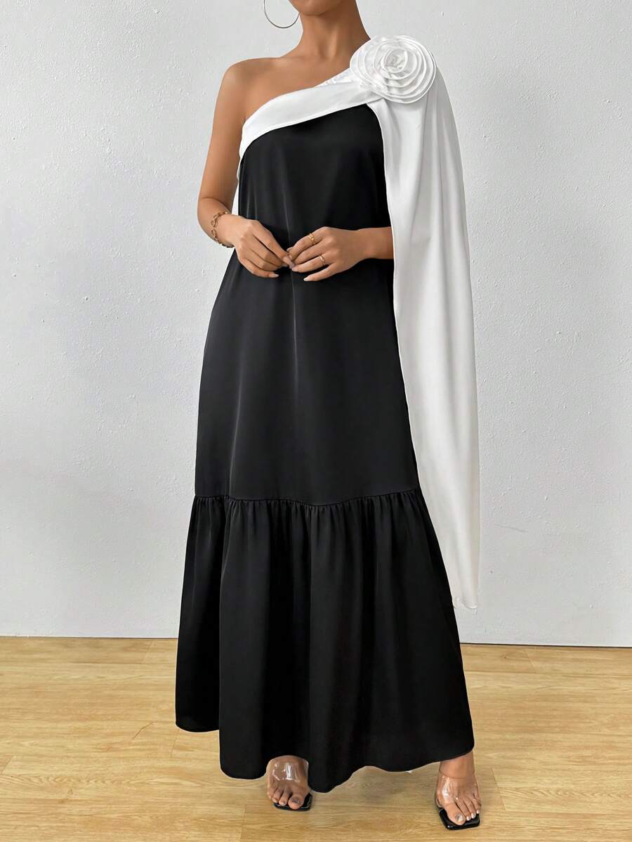 SHEIN Unity 女士长款斜肩花卉印花连衣裙(配斗篷) - 黑與白 - 查看 1