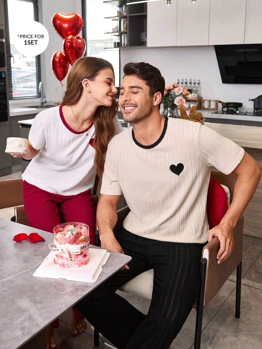 Ribbed Soft Skin-Friendly Heart Embroidered Contrast Color Casual Pajama Set For Men - Apricot - View 1