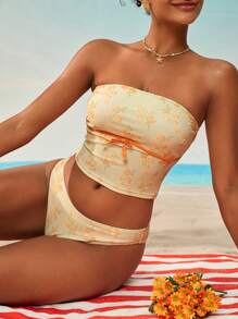 Swim Mod Women's Sweet Ditsy Floral Strapless Bikini Set, Spring/Summer - Yellow - View 5