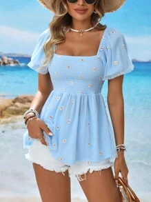 Breezaya 女士花卉刺绣褶皱泡泡袖网眼衬衫，度假装