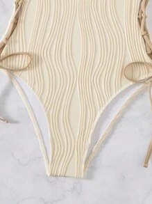 Textured Wavy Pattern Sexy Side Tie Strap One-Piece Swimsuit For Women, Beachwear Vacation Swimwear For Summer Beach Vacation - Beige - View 6