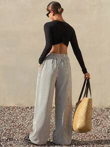 DAZY Women Striped Drawstring Wide Leg Maxi Pants Vacation Outfits Women - Apricot - View 2