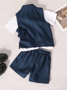 SHEIN 2 件套男童休闲缎面无袖中国风竹叶印花纽扣西装套装，适合 4-7 岁，适合春夏季 - 藏蓝色 - 查看 2