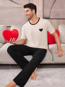 Ribbed Soft Skin-Friendly Heart Embroidered Contrast Color Casual Pajama Set For Men - Apricot - View 4