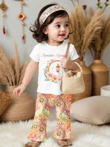 SHEIN Leap Crew Baby Girl Casual Elegant Ramadan Moon & Flower Pattern Short Sleeve Round Neck T-Shirt And Flare Pants Suit, Suitable For Spring/Summer - Multicolor - View 6