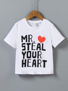 Heart & Letter Print Short Sleeve T-Shirt, Valentine's Day Gift For Young Boy - White - View 6